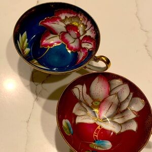 Vintage Royal Sealy-Set of 2 Footed Gold Gilt Tea Cups- Elegant Florals- Lovely!